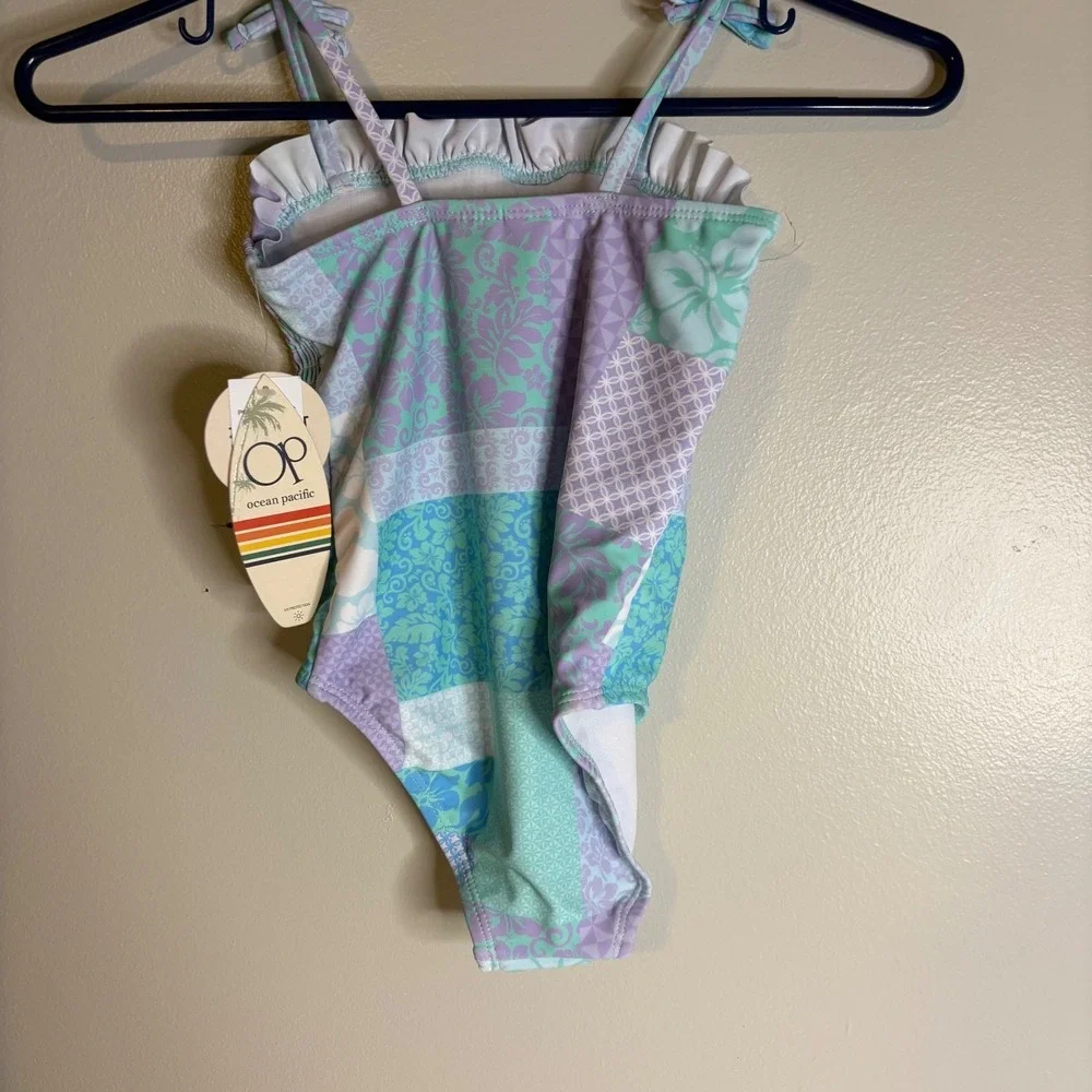 Ocean‎ Pacific Girls Size 5 2 Piece Swimsuit Set Aqua Purple Patchwork Smocked